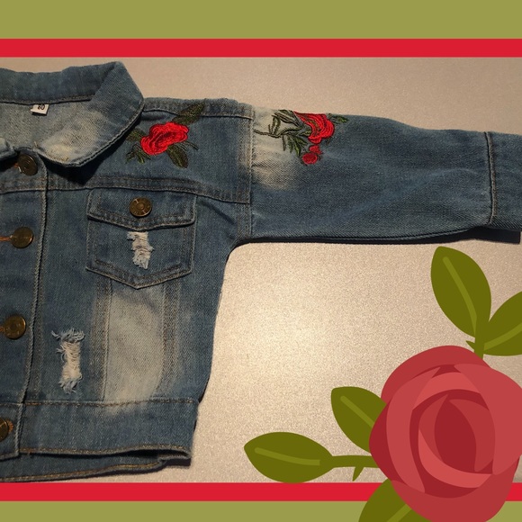 Distressed Jean Jacket w/ Embroidered Roses - Picture 5 of 7